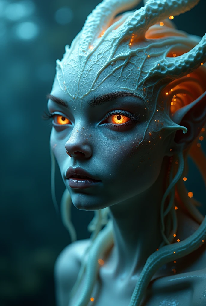 (best quality,4k,highres,masterpiece:1.2),ultra-detailed,(realistic,photorealistic:1.37), (1 beautiful medusa-like female alien who is 18yo:1.8), underwater, vibrant colors, bioluminescence, surreal, grotesque, beautiful detailed eyes, detailed lips, slimy skin, tentacles, intricate patterns, extraordinary creature, unique anatomy, ocean environment, dark abyss, mystifying, mysterious, haunting, eerie, fantasy, hybrid beauty, ethereal, enchanting lighting, With mesmerizing iridescent glowing markings adorning its body, the intricacies of its tentacle parts highlight the rich colors and beautiful soft light. The vast open waters serve as a vivid backdrop, allowing the octopus to soak in every detail, showcasing its Absurd and complex shapes in unparalleled quality. (realistic, hyper-realistic:1.5), thick eyeblows, (superdetailed beautiful opal eyes:1.8), smiling seductively, (no make-up:1.7), (Exoskeleton with beautiful nautilus design:1.8), pale and white skin with visible veins, beautiful nipples, facee paint with nautilus design,