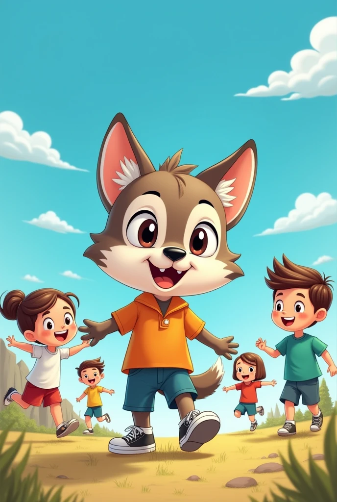Cartoon of a wolf cub in clothes playing with four human children against a blue background