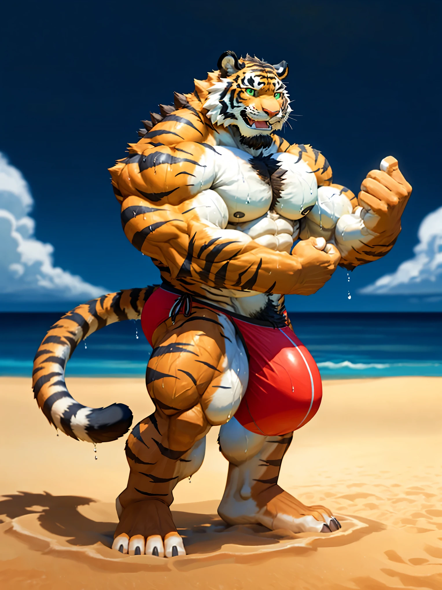 Male tiger、Golden tiger、Completely naked、Huge penis silhouette、Huge scrotum silhouette、Very large amount of pubic hair、very large amount of axillary hair,、Red Bikini、Great smile、Side view、Great smile、Beach Background、Tropical Island、Beach、Hands touching the crotch、Hugely bulging crotch underwear、Nioh Standing Pose、One hand raised pose、Very wet body、very developed muscles of the whole body,、Abnormally large abdominal muscles、Big green eyes、Sharp toenails,、Composition looking up from below、White, shiny teeth、Wide open mouth、Desert Island Background