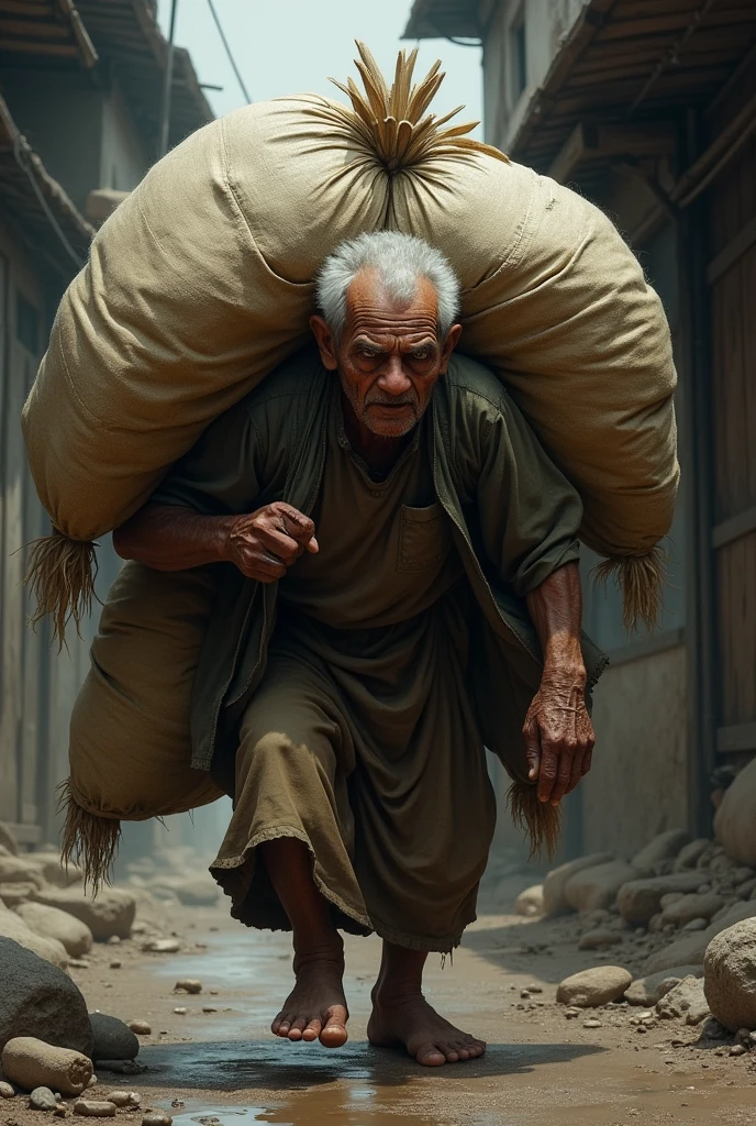 A handicapped hand poor man loading a sacks on her back