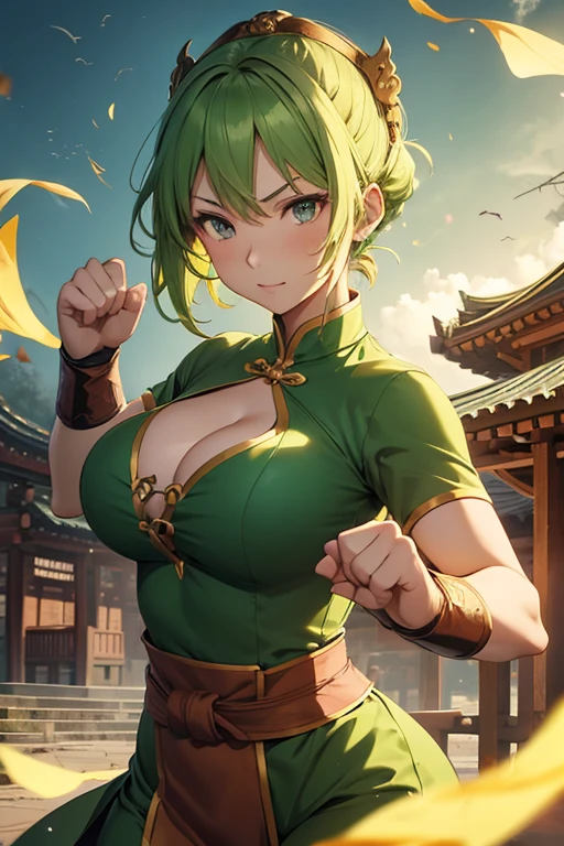 (anime) adult woman, martial artist, , green chinese short dress with dragons pattern, chesnut hair, temple background, big eavage, handsfingers, (punching), (wind, around fists), camera angle from above