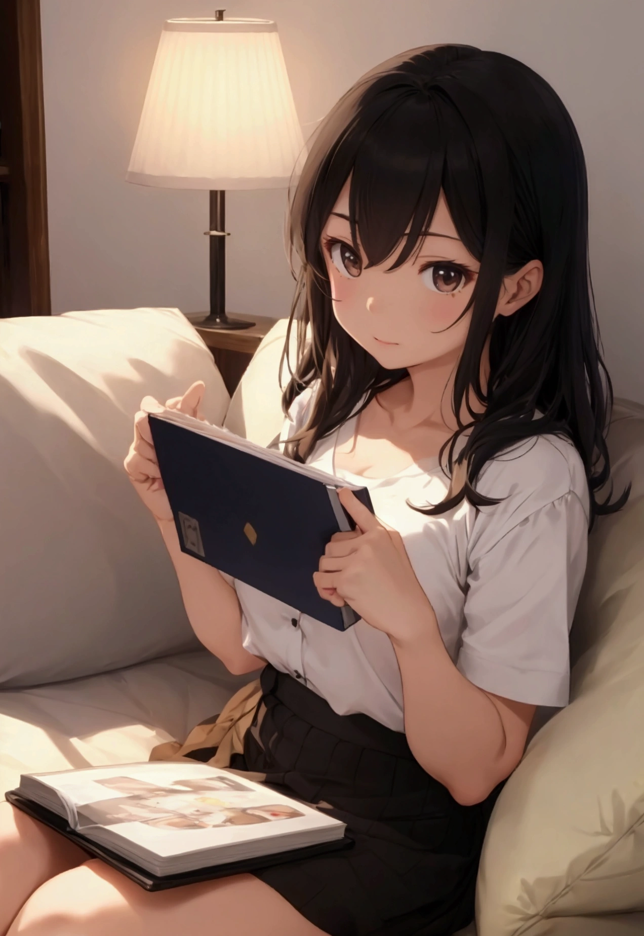 Misaki looks at her photo album:
「Quiet room at night。A woman in her 30s sitting alone on a sofa、A photo album is open on her lap。The soft light of the lamp。A tear on a woman's cheek」