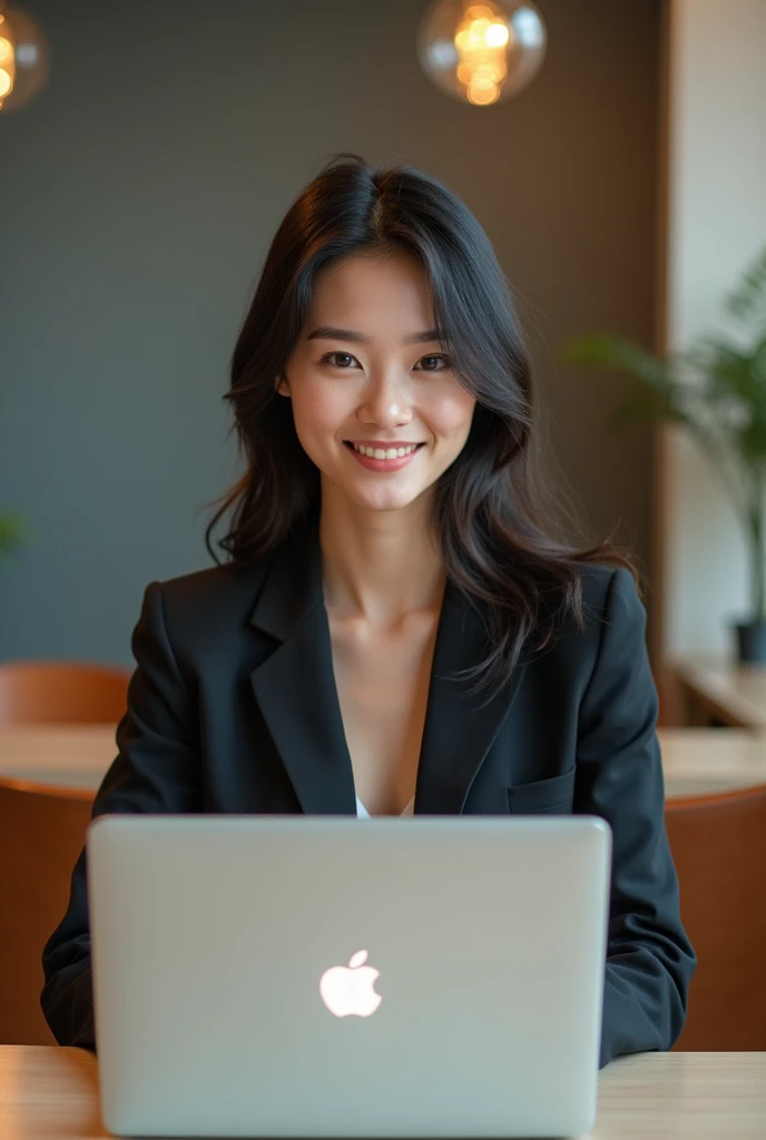 Create an image of an 18-year-old Asian businesswoman standing and working on a MacBook. She is smiling with a cute and charming face. The image is full-body, with a slightly revealing outfit, showcasing a youthful and modern appearance.