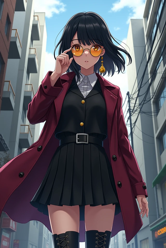 woman with shoulder-length hair and black bangs, with round gold-colored lenses, a long earring of the same tone with a seifuku with a black pleated skirt down to the knees and a burgundy trench-style jacket, with black military boots, in a tokyo revengers anime style 