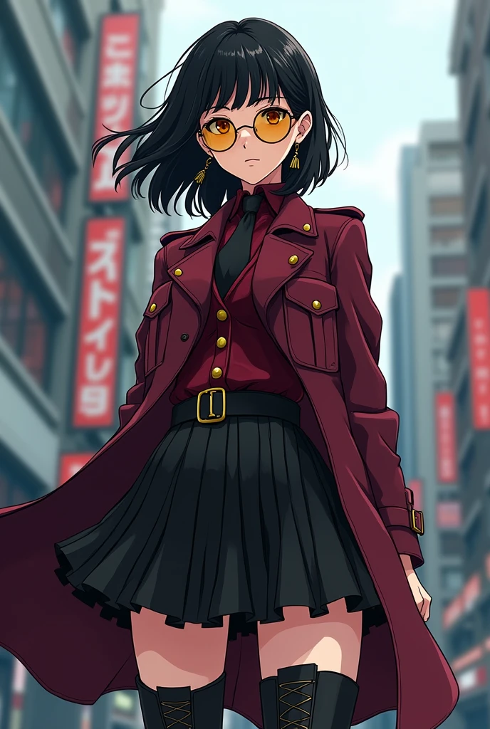 woman with shoulder-length hair and black bangs, with round gold-colored lenses, a long earring of the same tone with a seifuku with a black pleated skirt down to the knees and a burgundy trench-style jacket, with black military boots, in a tokyo revengers anime style 