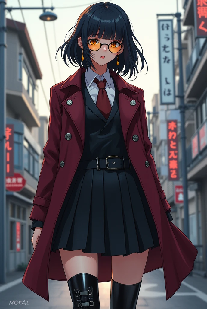 woman with shoulder-length hair and black bangs, with round gold-colored lenses, a long earring of the same tone with a seifuku with a black pleated skirt down to the knees and a burgundy trench-style jacket, with black military boots, in a tokyo revengers anime style
