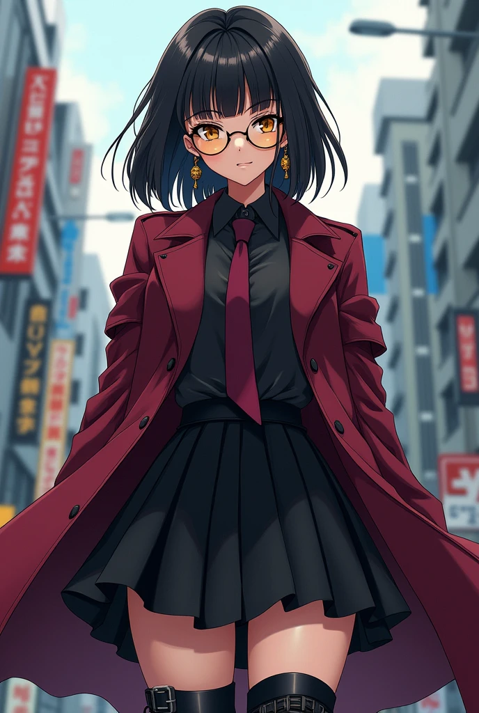 woman with shoulder-length hair and black bangs, with round gold-colored lenses, a long earring of the same tone with a seifuku with a black pleated skirt down to the knees and a burgundy trench-style jacket, with black military boots, in a tokyo revengers anime style
