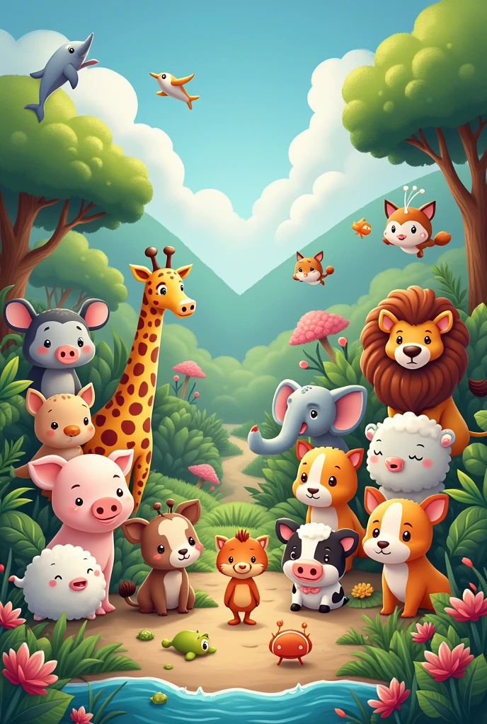 Created a picture WITH different kawaii animals with farm animals pig cow sheep.. , forest fox squirrel owl.. , savannah lion giraffe elephant.. , ocean fish crab dolphin.. .