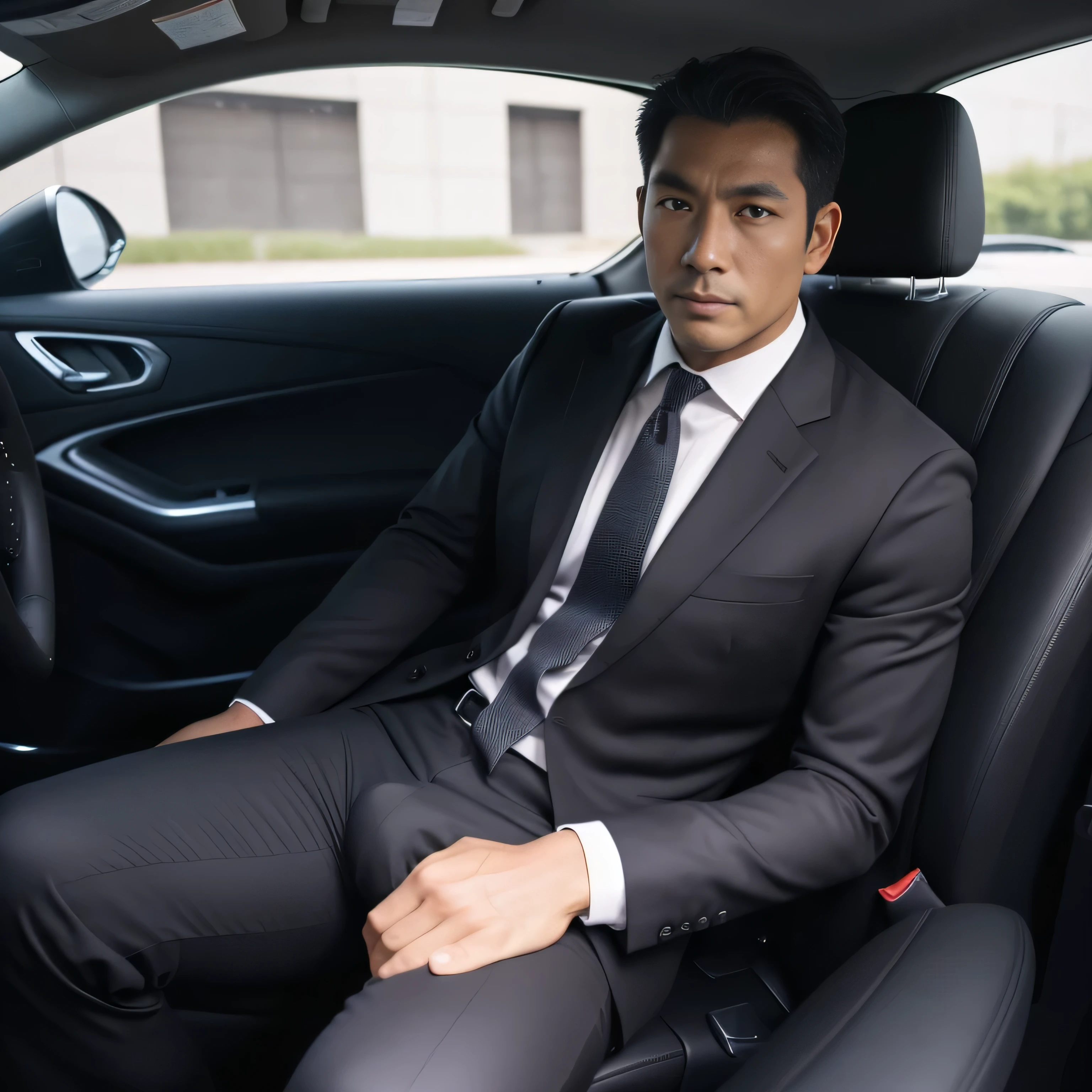 50 years old,One Man,Black Suit,Inside the car、squat、Tall dark-skinned man、Dark Asian face,muscle,Gay ,7:3 parting / all back,Stubble、Sitting with legs open、erection、The crotch area is bulging、Stubble,Asian man's face,Hermes Belt。Black socks、View from the front