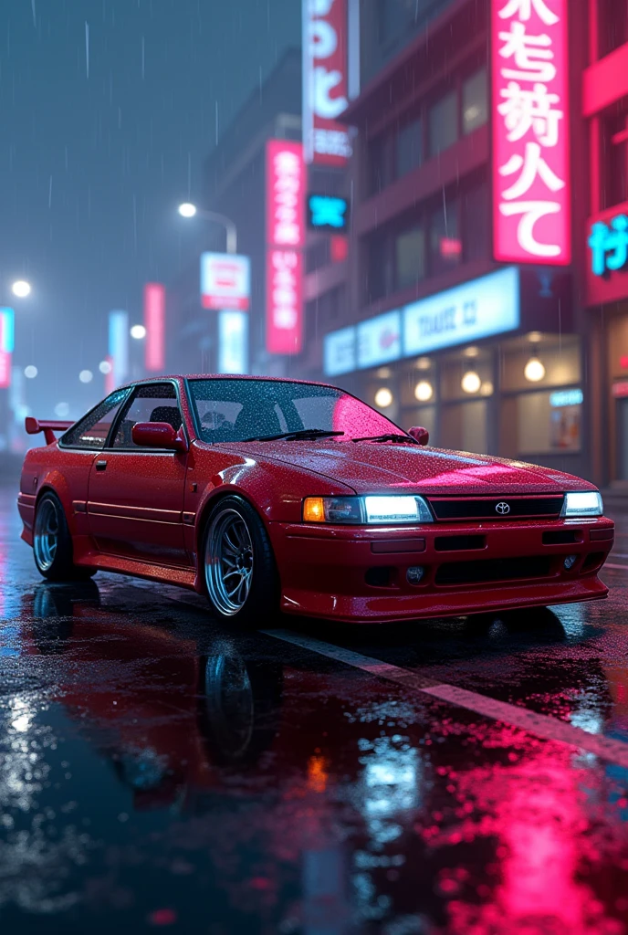 Sexy hot Toyota Corolla grande in neon city light raining on air suspension
