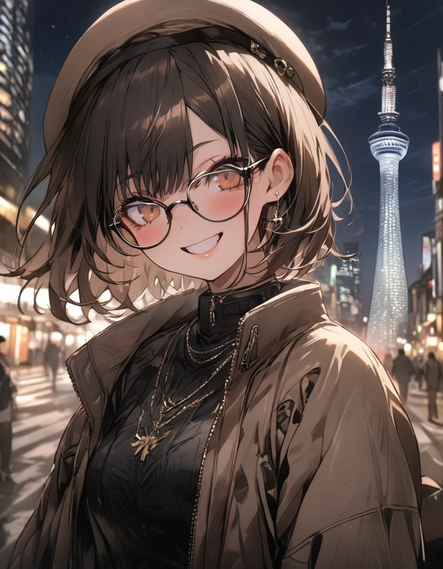 masterpiece、1 girl, short hair, (((brown tone on tone clothes))), (beret), glasses, smile, Tokyo city background, city of Tokyo, Night, ((tokyo sky tree))