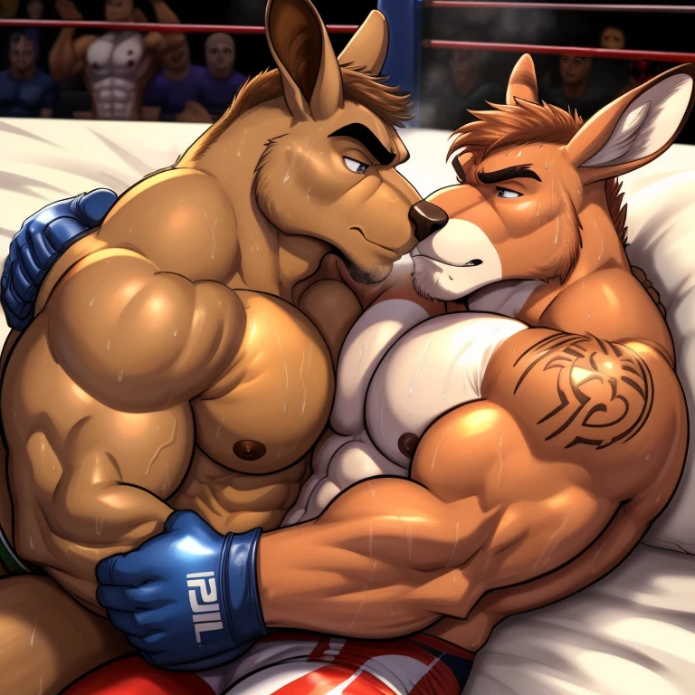 Duo male(Brown Kangaroo vs Brown Kangaroo), handsomes(handsome hairstyle, Thick eyebrows, detailed face), (Lying down, cuddling, body with body, wrestling at each other, face to face, on a bed match), hot(Shirtless), handsomes(They are handsomes, correct anatomy), musculosos(Big muscle bodies, Six packs, muscle abs, big pecs), sweaty(very sweaty wet bodies, shiny sweat), tatuajes(they have tattoos), grumpy(Both have an grumpy expression, grumpy teeths, steaming breath), UFC gloves(They both are wearing UFC gloves), Hight resolution, by(Zourik:1.1)