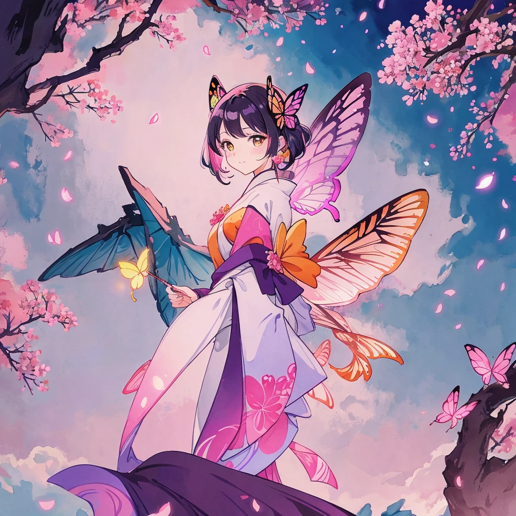 portrait of a symmetrical illustration of a silhouette, cherry blossom tree with large pink butterfly wings in the style of anime tarot card art in the style of colorful, colorful sparkles flying everywhere, a magical, dreamy glow effect, glowing lights, vibrant colors of pink, black, yellow, white, purple, red, orange, and blue. --ar 3:4 --niji 6