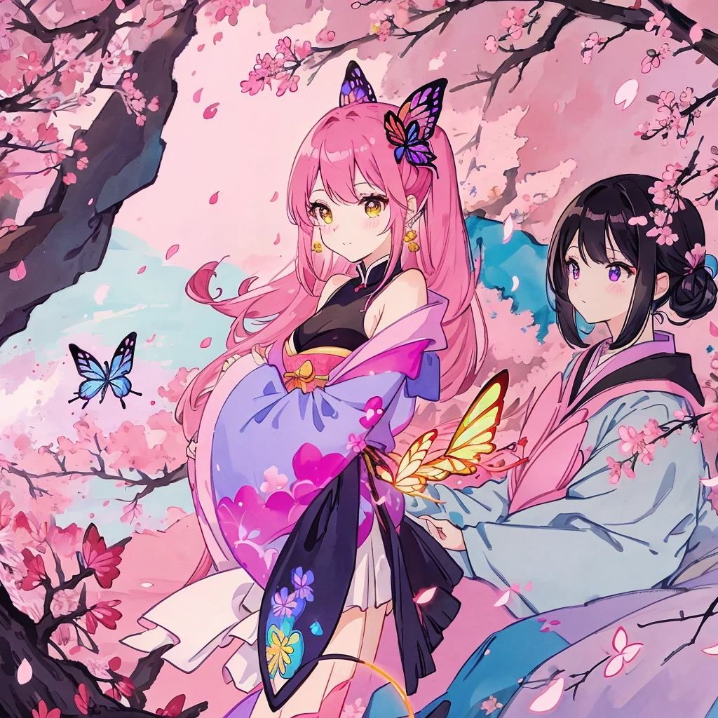 portrait of a symmetrical illustration of a silhouette, cherry blossom tree with large pink butterfly wings in the style of anime tarot card art in the style of colorful, colorful sparkles flying everywhere, a magical, dreamy glow effect, glowing lights, vibrant colors of pink, black, yellow, white, purple, red, orange, and blue. --ar 3:4 --niji 6