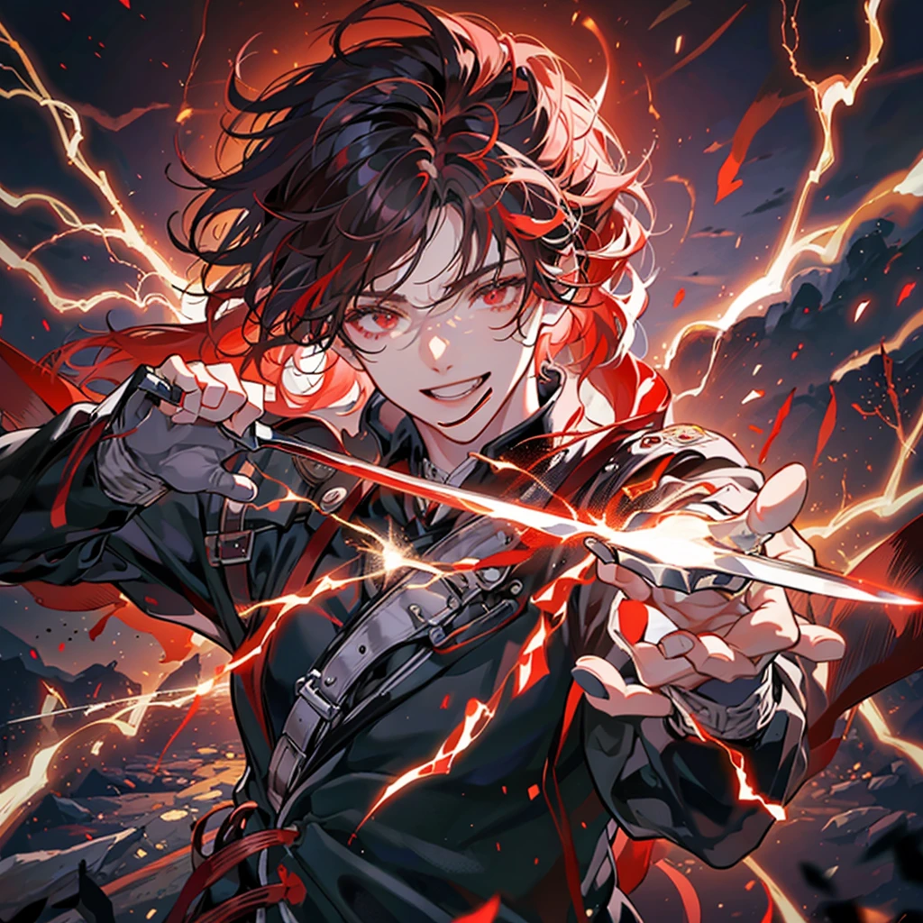 A 23-year-old man with red eyes,
short white hair,
bangs,
holding a horizontal knife surrounded by lightning elements in one hand,
smiling, background ruins battlefield,
front,
red lightning effects,
facing the camera 00003