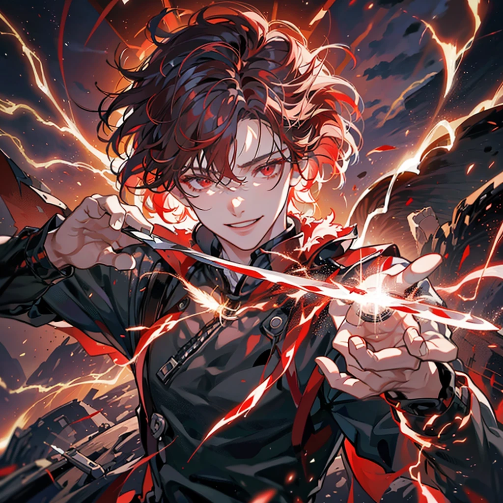 A 23-year-old man with red eyes,
short white hair,
bangs,
holding a horizontal knife surrounded by lightning elements in one hand,
smiling, background ruins battlefield,
front,
red lightning effects,
facing the camera 00003