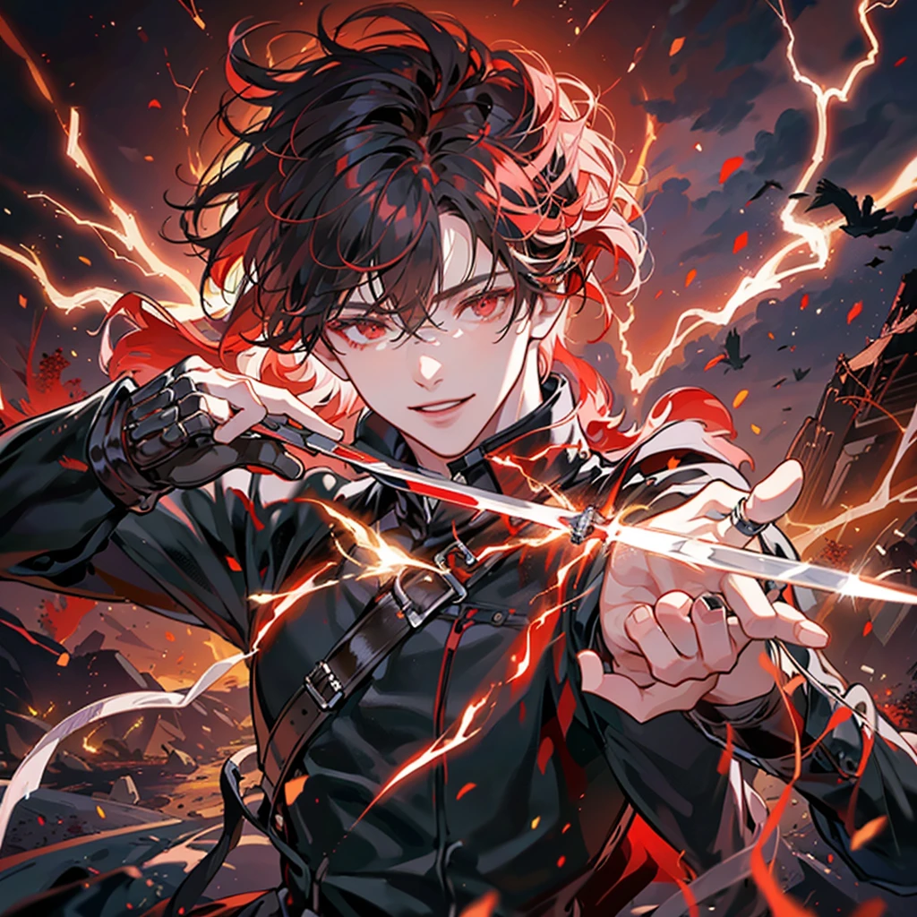 A 23-year-old man with red eyes,
short white hair,
bangs,
holding a horizontal knife surrounded by lightning elements in one hand,
smiling, background ruins battlefield,
front,
red lightning effects,
facing the camera 00003