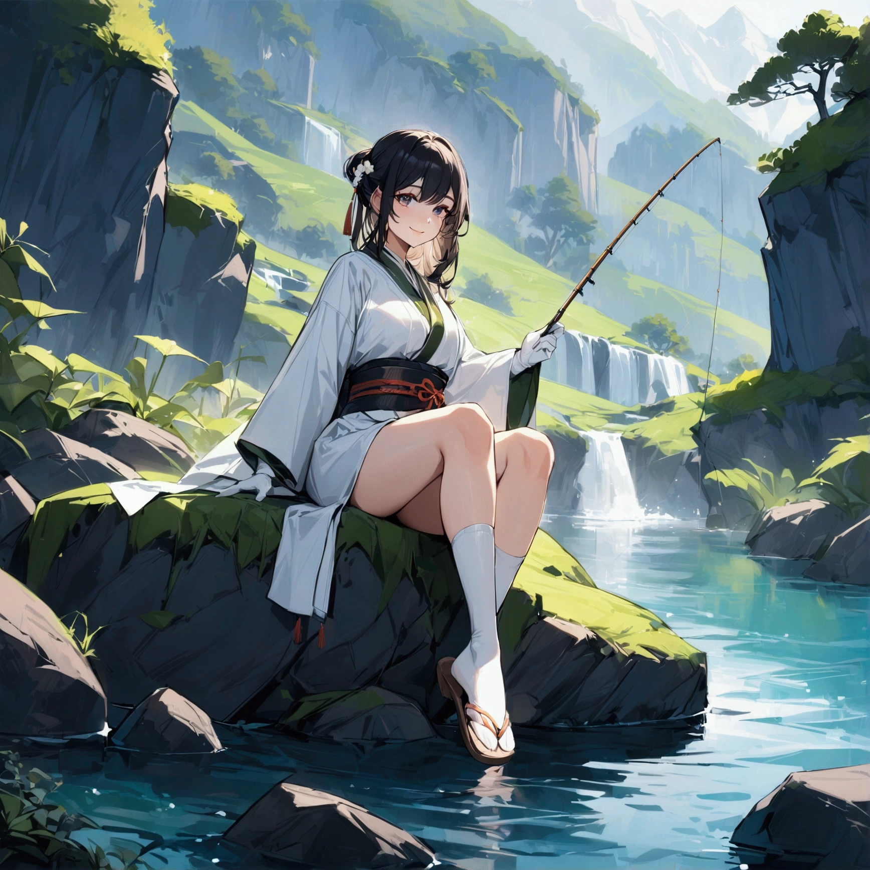 {{masterpiece}}, {{{Highest quality}}},{{Very detailed}},Woman sitting on a rock and fishing,A young Chinese-looking female hermit fishing deep in the mountains,White attire, miniskirt,WHITE glove,carefree expression,Chinese sandals,white socks,{{beautiful eyes ,high definition eyes,beautiful eyes}},Thick Kimono Belt,smile kindly