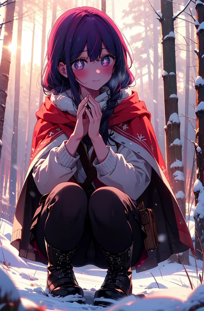 aihoshino, Ai Hoshino, Long Hair, bangs, (Purple eyes:1.1), Purple Hair, (Symbol-shaped pupil:1.5), smile,,smile,blush,white breath,
Open your mouth,snow,Ground bonfire, Outdoor, boots, snowing, From the side, wood, suitcase, Cape, Blurred, , forest, White handbag, nature,  Squat, Mouth closed, Cape, winter, Written boundary depth, Black shoes, red Cape break looking at viewer, Upper Body, whole body, break Outdoor, forest, nature, break (masterpiece:1.2), Highest quality, High resolution, unity 8k wallpaper, (shape:0.8), (Beautiful and beautiful eyes:1.6), Highly detailed face, Perfect lighting, Extremely detailed CG, (Perfect hands, Perfect Anatomy),