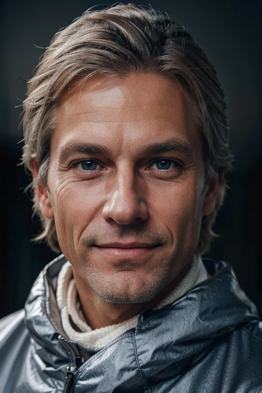 1man, a handsome german-dutch man, 54 year old, silver blonde hair color, blue eyes, smile, muscular, wearing dark brown winter jacket, closer distance face, closer distance head, his distance pressing against me, hd, high quality, best quality, masterpiece, 4k resolution
