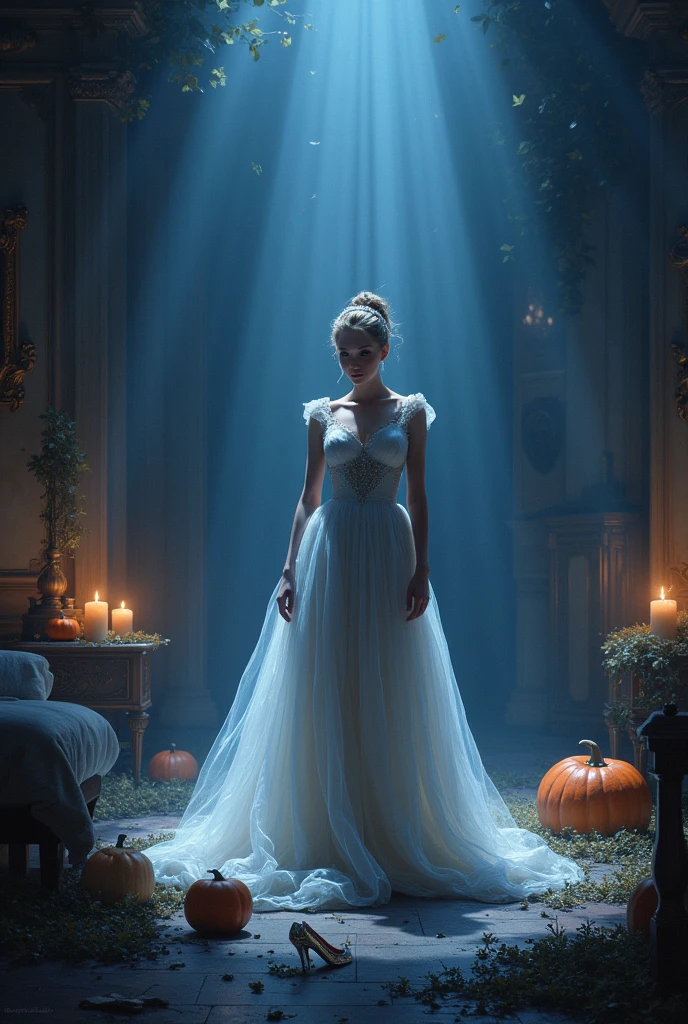 A dark room where the remnants of a grand ball can be seen. The once-glowing carriage now turns back into a pumpkin, and Cinderella’s elegant gown begins to fade into rags. The atmosphere is tense, as the enchantment wears off