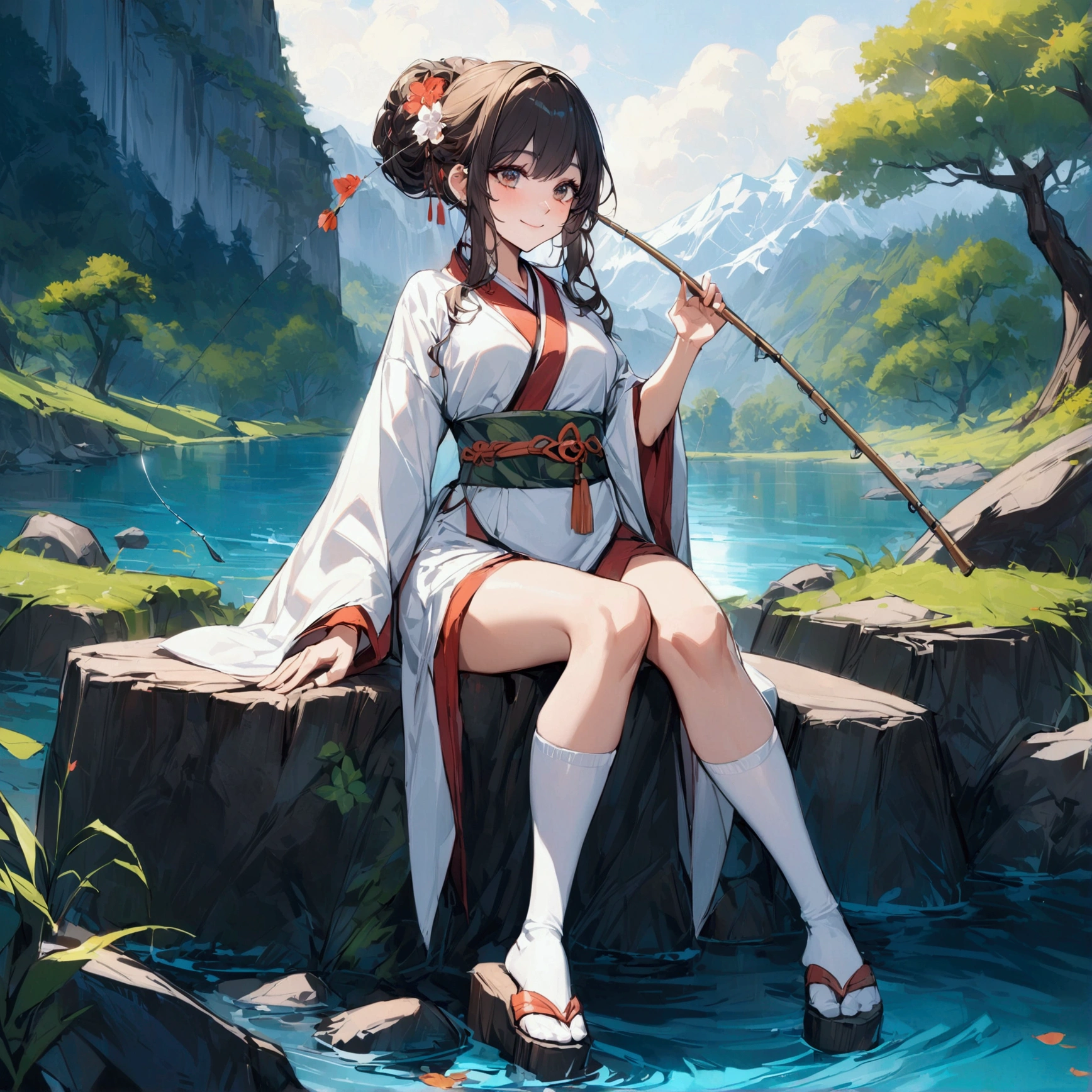 {{masterpiece}}, {{{Highest quality}}},{{Very detailed}},Woman sitting on a rock and fishing,A young Chinese-looking female hermit fishing deep in the mountains,White attire, miniskirt,WHITE glove,carefree expression,Chinese sandals,white socks,{{beautiful eyes ,high definition eyes,beautiful eyes}},Thick Kimono Belt,smile kindly
