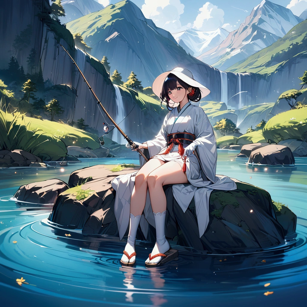 {{masterpiece}}, {{{Highest quality}}},{{Very detailed}},Woman sitting on a rock and fishing,A young Chinese-looking female hermit fishing deep in the mountains,White attire, miniskirt,WHITE glove,carefree expression,Chinese sandals,white socks,{{beautiful eyes ,high definition eyes,beautiful eyes}},Thick Kimono Belt,smile kindly