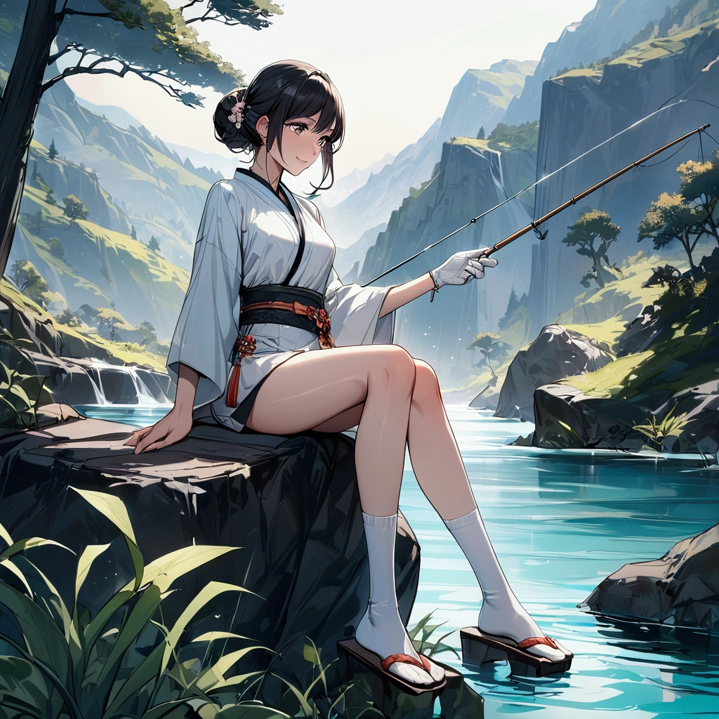 {{masterpiece}}, {{{Highest quality}}},{{Very detailed}},Woman sitting on a rock and fishing,A young Chinese-looking female hermit fishing deep in the mountains,White attire, miniskirt,WHITE glove,carefree expression,Chinese sandals,white socks,{{beautiful eyes ,high definition eyes,beautiful eyes}},Thick Kimono Belt,smile kindly