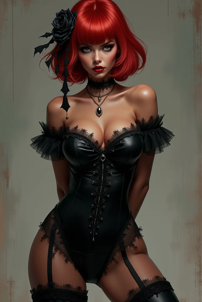 (masterpiece, best quality, perfect hourglass figure, wide waist, blush), busty, portrait, perfect face, flawless eyes, empty gradient background, beautiful lips, full lips, (arms behind back), perfect waist, cowboy shot, perfect hips,, wide smile, sanpaku, concave bangs, round pupils, evil eyes, tan, dark skin, brown skin, short puffy hair, huge breasts, saggy breasts, scarlet hair, GothGal, wearing a GothGal outfi, dress, frills