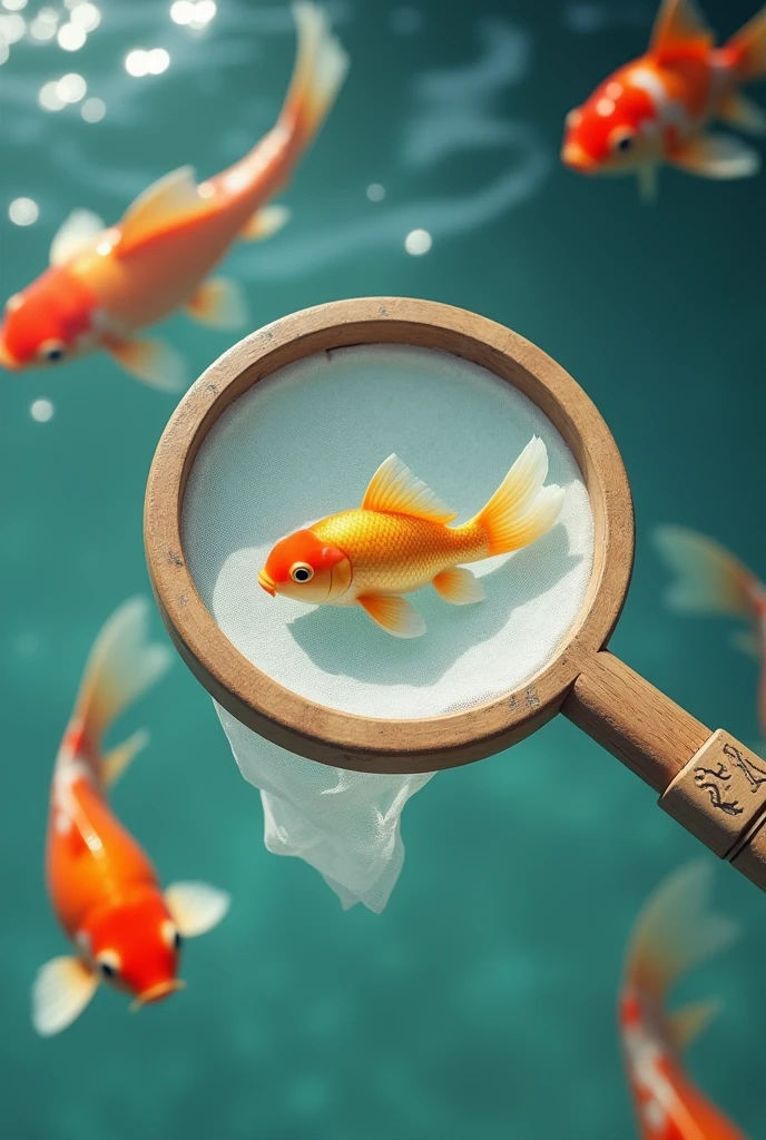 A traditional goldfish scooping 'poi' with a delicate round paper net attached to a wooden or plastic handle. The paper net is thin and fragile, with a circular frame that is slightly worn from use. The handle is simple yet functional, allowing for careful and precise movements in the water.