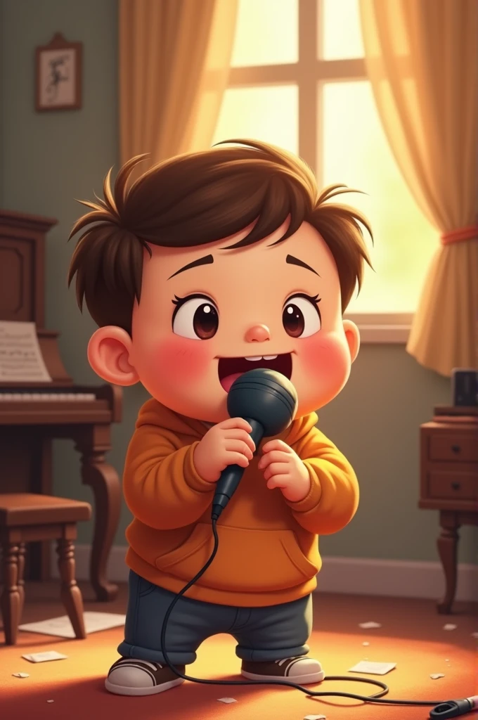 Draw me a picture of a chubby boy holding a microphone learning to sing.