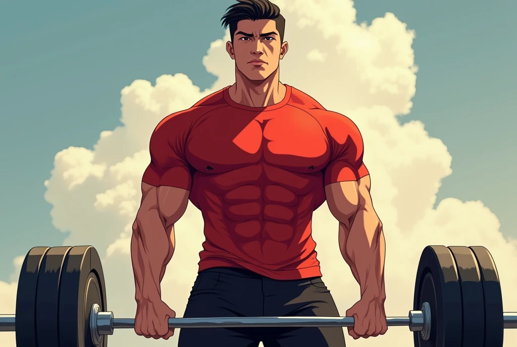 best quality, masterpiece, fill frame, full body, anime style, poster of handsome borneo man, wearing plain red tshirt and black shorts, lifting a barbell, perfect fingers, perfect hands, perfect face, perfection, no background