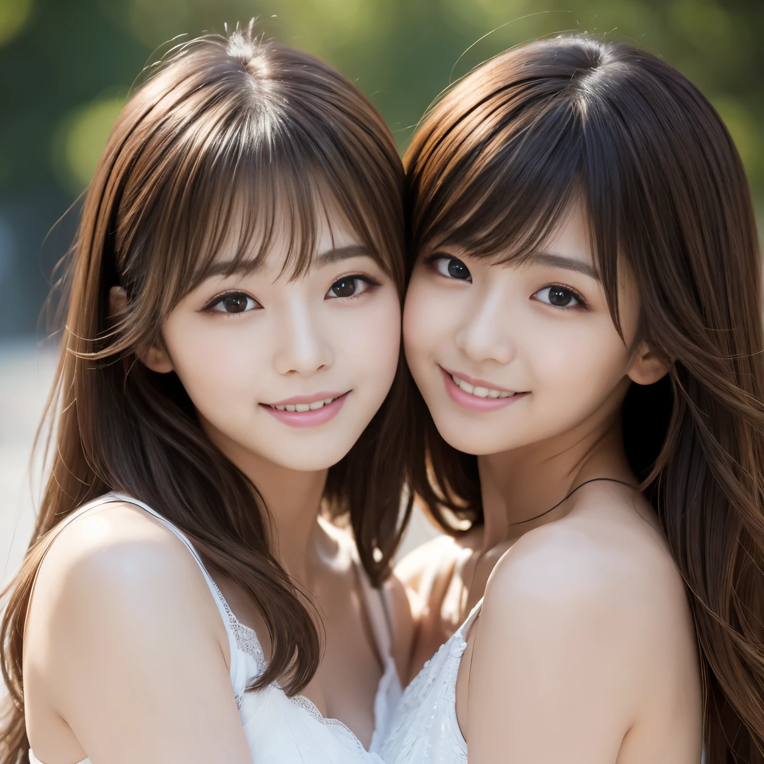 (2girl:1.3), gorgeous beautiful & elegant, (beautiful portrait of two women:1.25), (best quality, masterpiece:1.2), (photorealistic:1.2), 16K, absurdres, beautiful eyes, (light brown hair, asymmetrical hair, asymmetrical bangs, messy hair), full round face, (hug each other:1.2), (seductive smile:1.2), (dynamic lighting), (upper body), highly detailed, (close-up:1.1), Attractive 2 Japanese woman Pictures,
