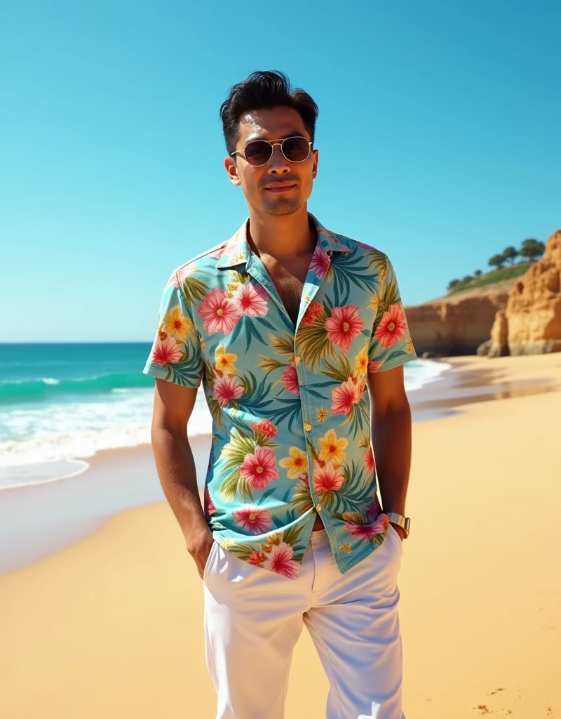 Asian male, 35 year old, dark brown crew cut hair, brown colored eyes, sunglasses, Hawaii colourful shirt and white pants, the sunrise on the Algarve beach, blue sky, blue atmosphere