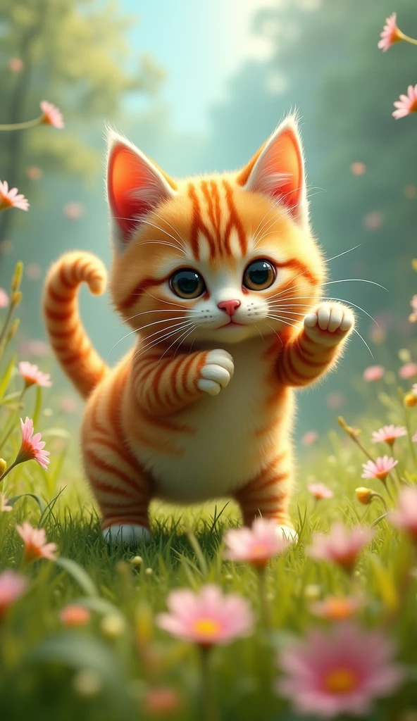 cute cat pro wrestler, Clear picture quality, eight,Short and cute legs, During a professional wrestling match, fantasy meadow background, Backdrop