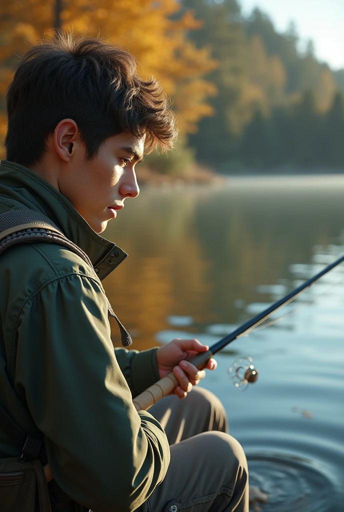 a fisherman fishing in a serene lake, beautiful detailed eyes, beautiful detailed lips, extremely detailed eyes and face, long eyelashes, realistic, photorealistic, photo-realistic:1.37, (best quality,4k,8k,highres,masterpiece:1.2),ultra-detailed,(realistic,photorealistic,photo-realistic:1.37),studio lighting, physically-based rendering, extreme detail description, professional, vivid colors, landscape, warm color tones, natural lighting