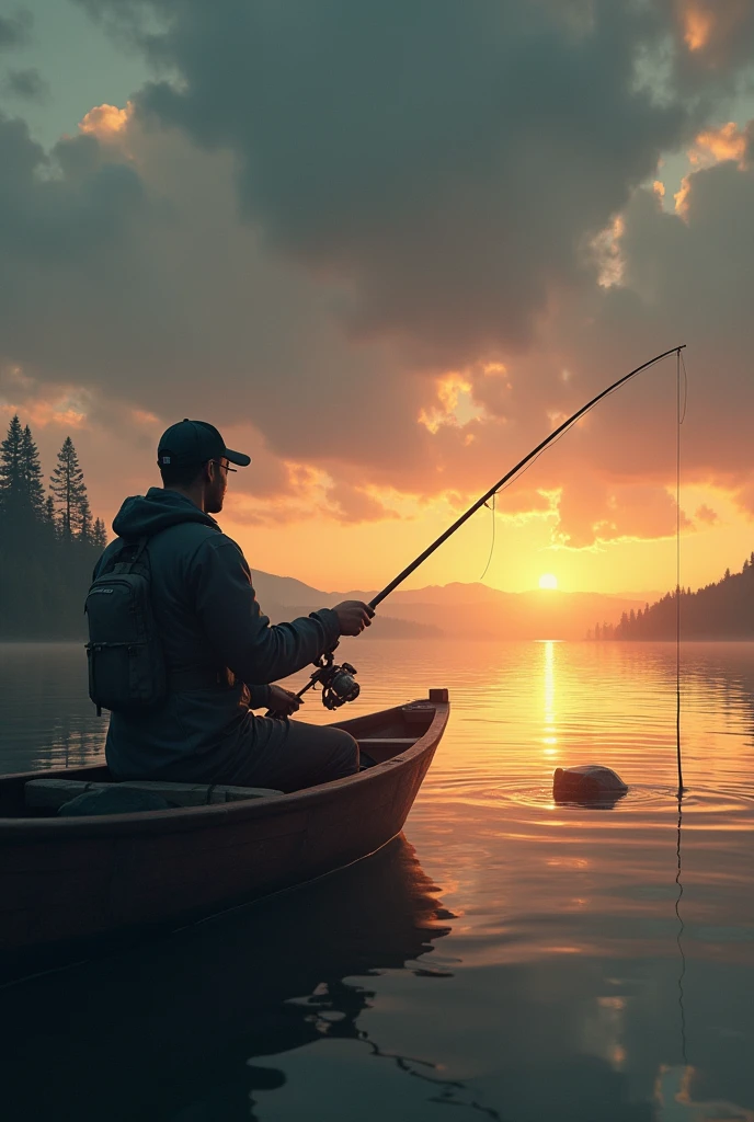 a fisherman fishing in a serene lake, beautiful detailed eyes, beautiful detailed lips, extremely detailed eyes and face, long eyelashes, realistic, photorealistic, photo-realistic:1.37, (best quality,4k,8k,highres,masterpiece:1.2),ultra-detailed,(realistic,photorealistic,photo-realistic:1.37),studio lighting, physically-based rendering, extreme detail description, professional, vivid colors, landscape, warm color tones, natural lighting