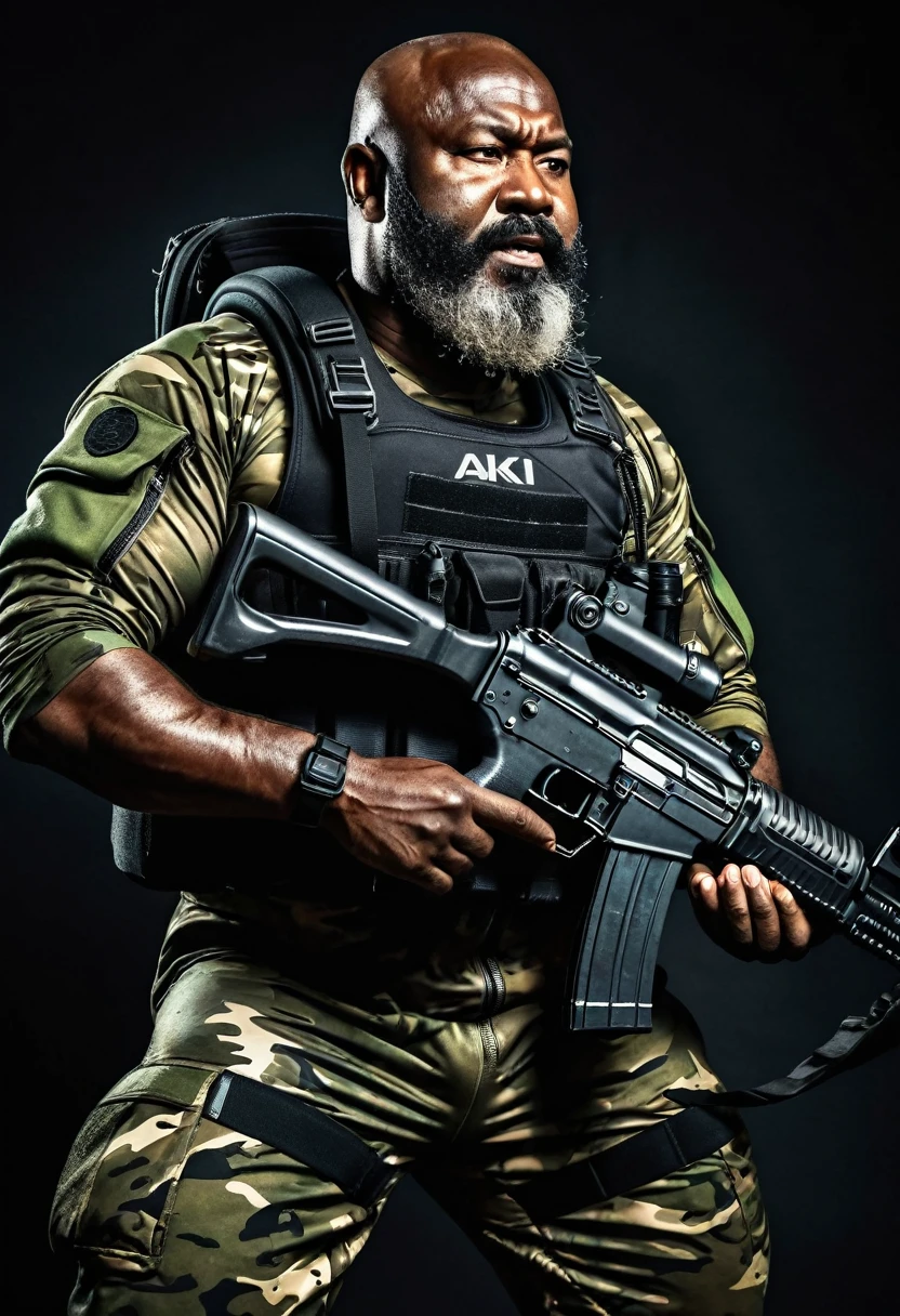 (a dark-skinned fat muscular bearded old man in a skintight army camouflage zipper diver suit) carrying an AK-47, dynamic action pose, fierce expression, showcasing an imposing stature, surrounded by military elements, dramatic shadows and intense highlights, cinematic color tones, high detail, powerful, Basuki Abdullah, sumatraism, ultra-detailed, best quality image, action-packed atmosphere.