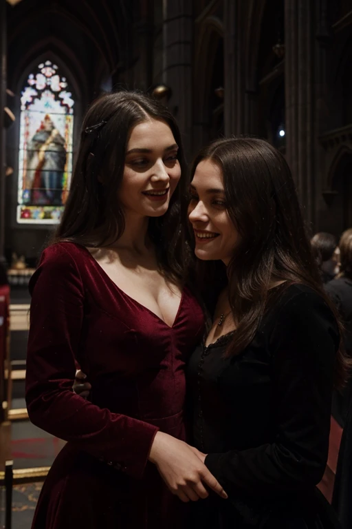 a woman with the bearing of a noble lady. in full growth. in velvet.a red dress, laughing maliciously, with black eyes, light and shadows in all works of art against the background of the Gothic interior of the church, Gothic