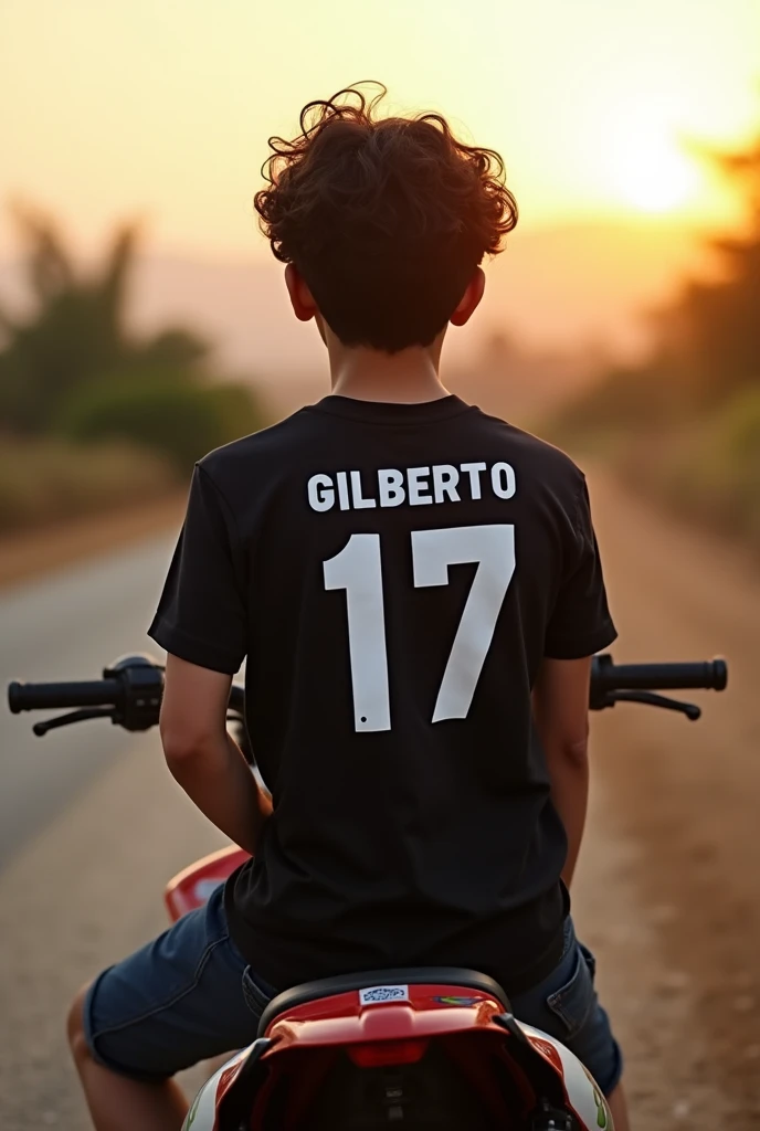 High quality photography, of an 18-year-old boy with his back to the side has an enduro motorcycle , He is sitting watching the afternoon He has a black shirt on, On his back he has the name Gilberto and below the number 17. He has a little long hair., black colored curl