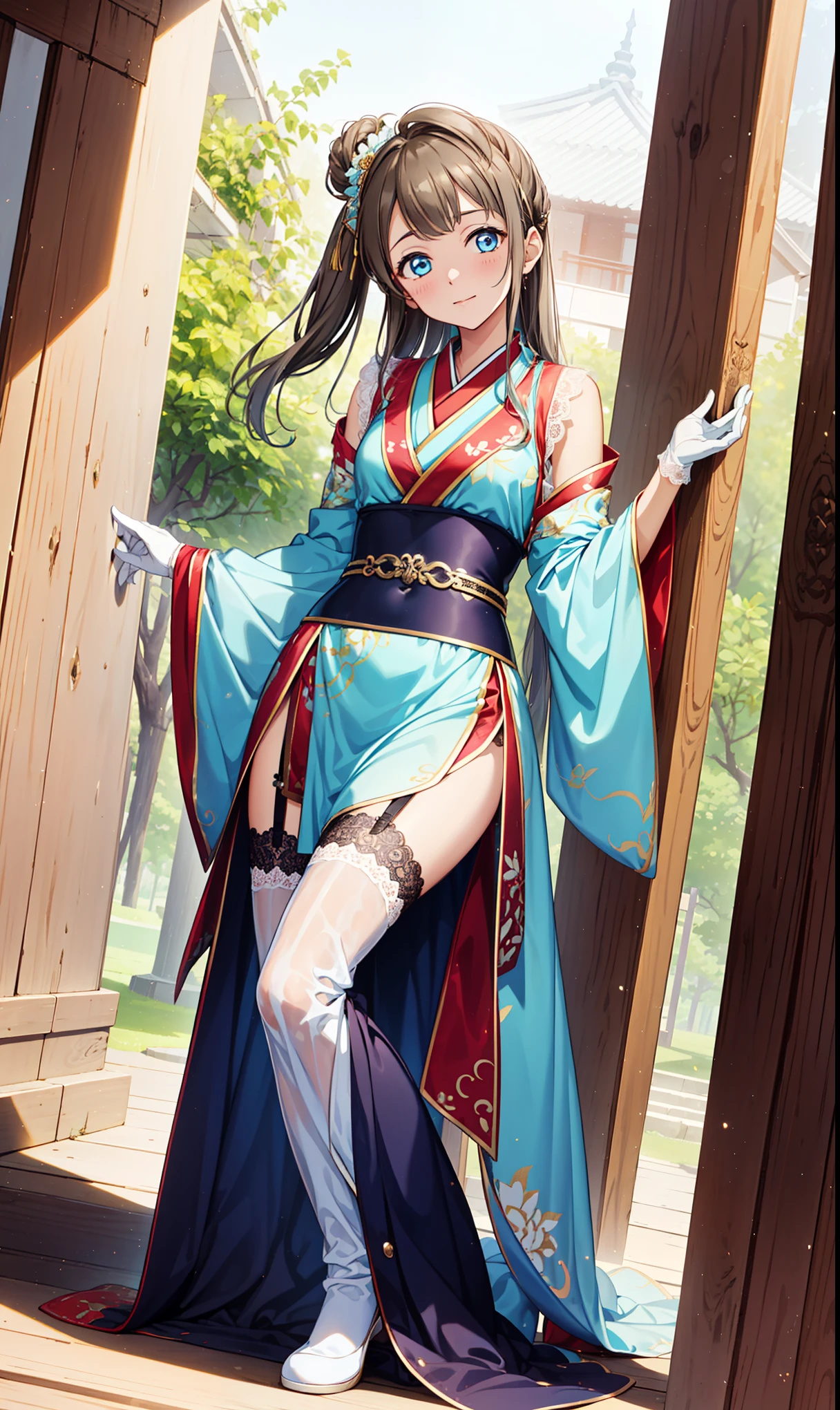 Top quality，best quality，Saint Ya Charm，happiness，Gentle expression，in love，(Transparent colored Hanfu，Exquisite and gorgeous design)，Black Gloves，Silver Hair，blue eyes，See through transparent clothes，Exquisite hair accessories，Transparent lace，Engraving pattern，Dress nicely，In the background is an old Chinese palace，Inside the hall，Elegant Posture，night，(Long garter belt:1.1），Super super detailed，Delicate and beautiful face and eyes