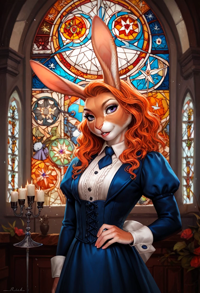 rating_safe, score_9, score_8_up, score_7_up, score_6_up, score_5_up, score_4_up, hires, source_furry, cover_page, medieval times, mystical, Alice in Wonderland, 1girl, Rabbit in a suit, Sil Off from Isometric Anime, stained glass, On White Background, Geometric composition,