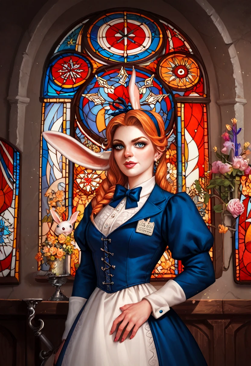 rating_safe, score_9, score_8_up, score_7_up, score_6_up, score_5_up, score_4_up, hires, source_furry, cover_page, medieval times, mystical, Alice in Wonderland, 1girl, Rabbit in a suit, Sil Off from Isometric Anime, stained glass, On White Background, Geometric composition,