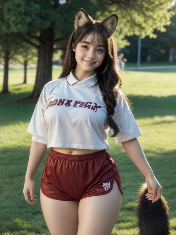 ((Highest quality, 8k)), ((masterpiece)), (Highest Resolution), Perfect Face, Fox Woman, Female college student, Beautiful woman, Outdoor, Only one tail, she has thick thighs, Her large tail, She has a brown fox tail., She wags her tail, smile, furry collar, She is wearing bloomers as part of her gym uniform., Plump Breasts, Beautiful Hips , Her fox tail sticks out from her bloomers