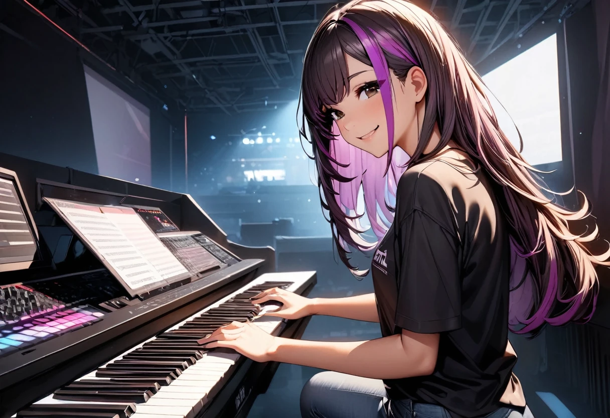 (highest quality:1.2, Very detailed, up to date, Vibrant, Ultra-high resolution, High Contrast, masterpiece:1.2, highest quality, Best aesthetics), Portraiture、girl、keyboard player, long hair、black and purple ((streaked hair:1.6)), highlights hair: 1.5, brown eyes, slim body, (small breast:0.7), Bright colors、Beautiful fine details、Beautiful lip detail、standing in keyboards booth, playing keyboards, black t-shirts, jeans, smile, Rehearsing for a concert:1, on stage, ((upper body:1.6)),