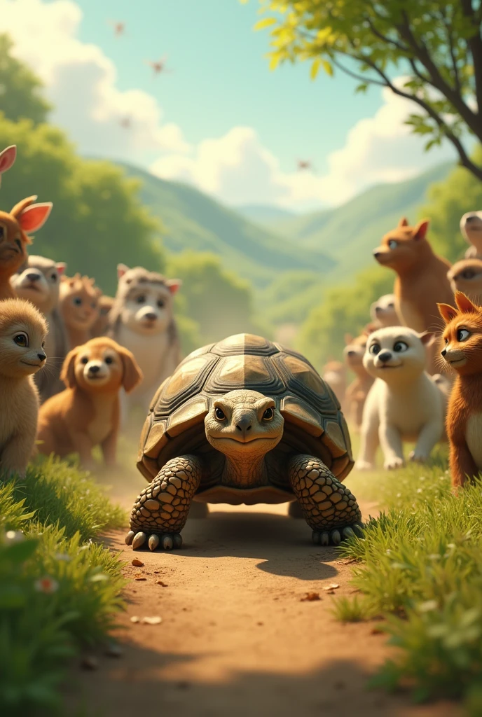 The tortoise approaching the finish line with determination, as other animals watch in surprise.