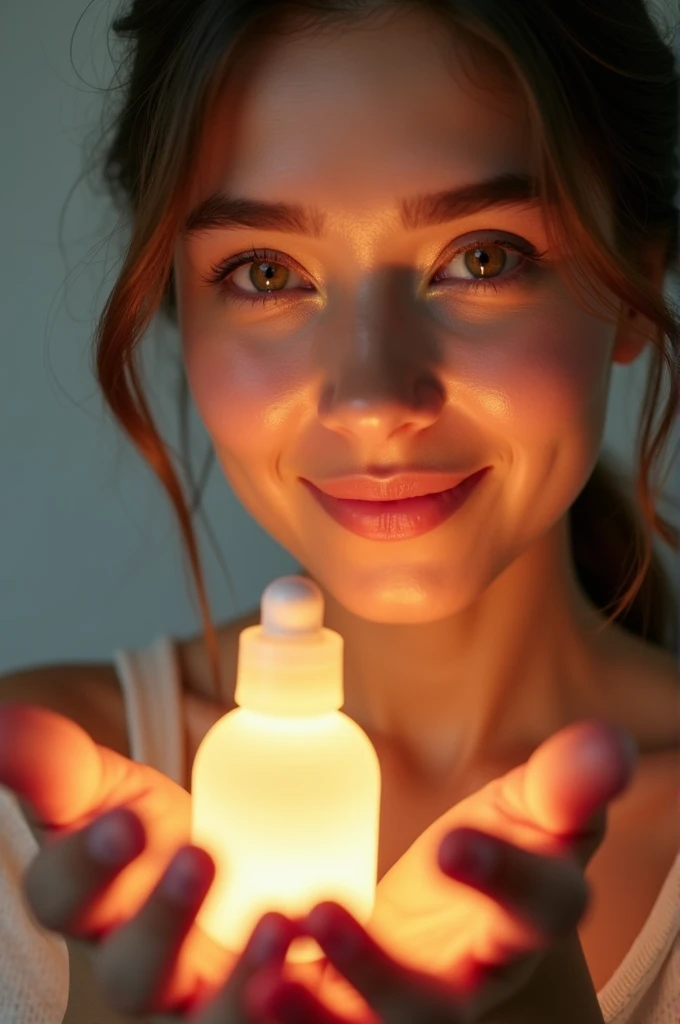 A close-up shot of the user holding the serum, with her glowing skin in focus. Text overlays highlight key quotes from the testimonial.
