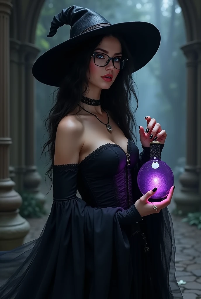A medieval witch, with hat, beautiful, sexy, dressed in black, blue hair, with glasses, nose ring, and a purple bottle in his hand.
