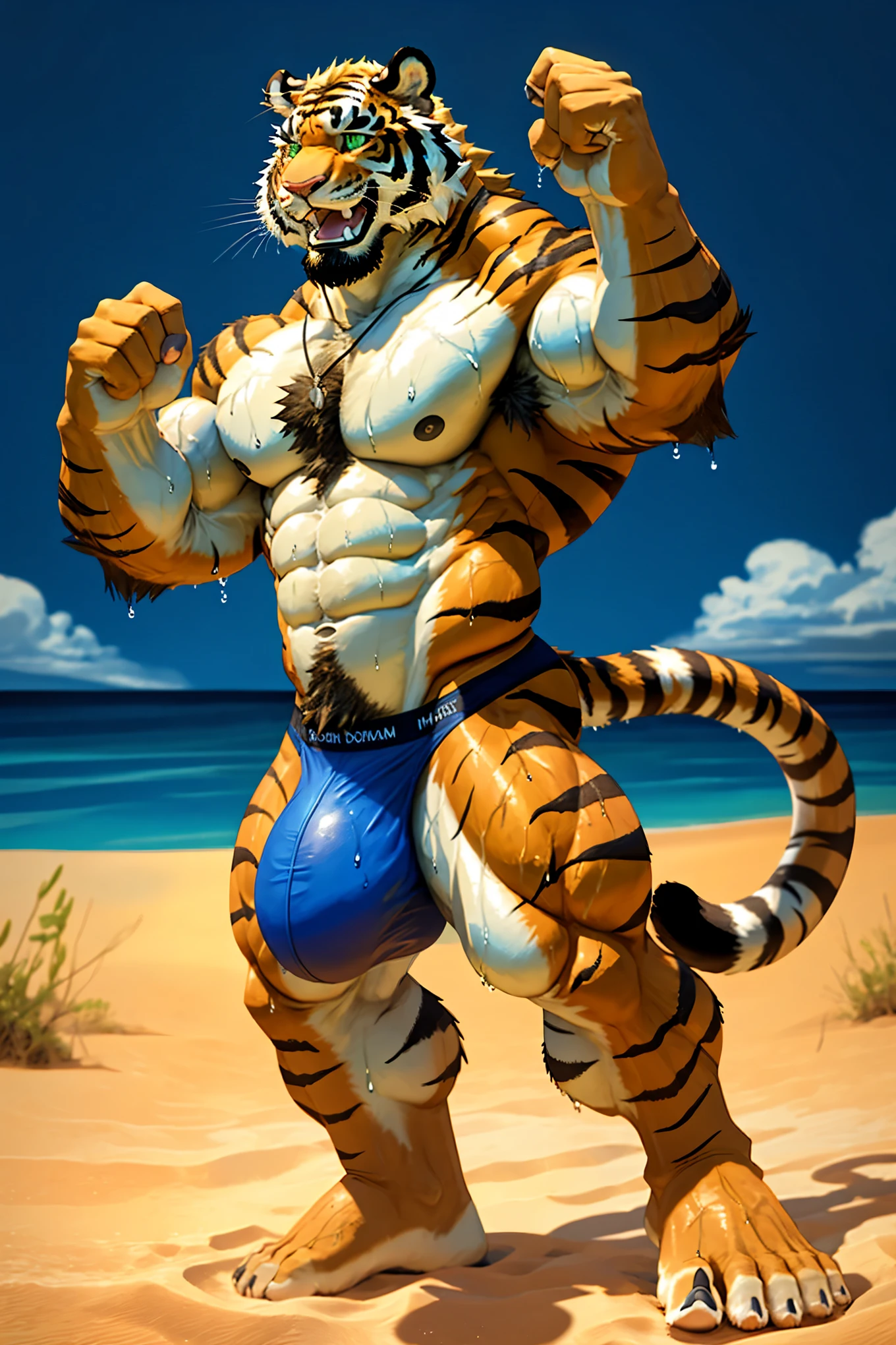 Male tiger、Golden tiger、Golden Mane、Completely naked、Huge penis silhouette、Huge scrotum silhouette、Very large amount of pubic hair、very large amount of axillary hair,、Red Bikini、Great smile、Side view、Great smile、Beach Background、Tropical Island、Beach、Hands touching the crotch、Hugely bulging crotch underwear、Nioh Standing Pose、One hand raised pose、Very wet body、very developed muscles of the whole body,、Abnormally large abdominal muscles、Big green eyes、Sharp toenails,、Composition looking up from below、White, shiny teeth、Wide open mouth、Desert Island Background