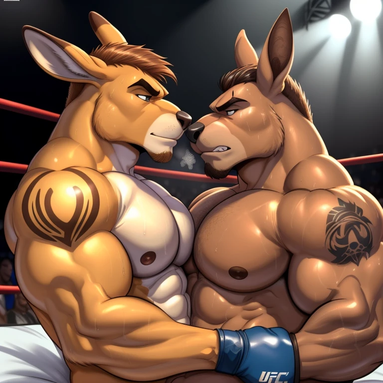 Duo male(Brown Kangaroo vs Brown Kangaroo), handsomes(handsome hairstyle, Thick eyebrows, detailed face), gay(Lying down, cuddling, body with body, wrestling at each other, face to face, on a bed match), hot(Shirtless), handsomes(They are handsomes, correct anatomy), musculosos(Big muscle bodies, Six packs, muscle abs, big pecs), sweaty(very sweaty wet bodies, shiny sweat), tatuajes(they have tattoos), grumpy(Both have an grumpy expression, grumpy teeths, steaming breath), UFC gloves(They both are wearing UFC gloves), Hight resolution, by(Zourik:1.1)